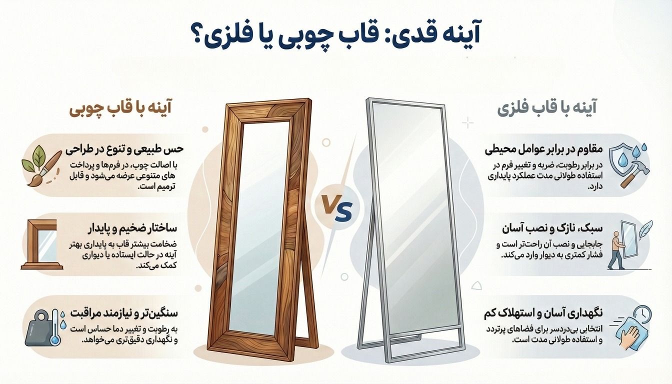 تفاوت آینه قدی قاب چوبی با فلزی